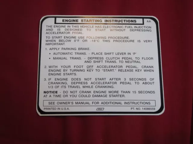 1985 Chevrolet Camaro And Z28 Engine Start Instructions Sun Visor Decal