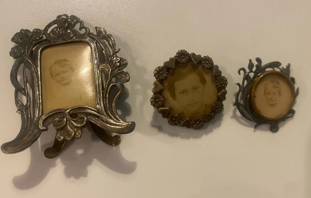 3 Broches Médaillons Porte-photo Anciennes - Style Art Nouveau Début 20ème - Argenté
