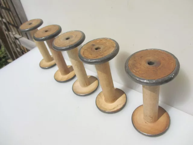 Vintage Wooden Industrial Textile Bobbins Metal Rims x5 Factory Cotton Spools 7"