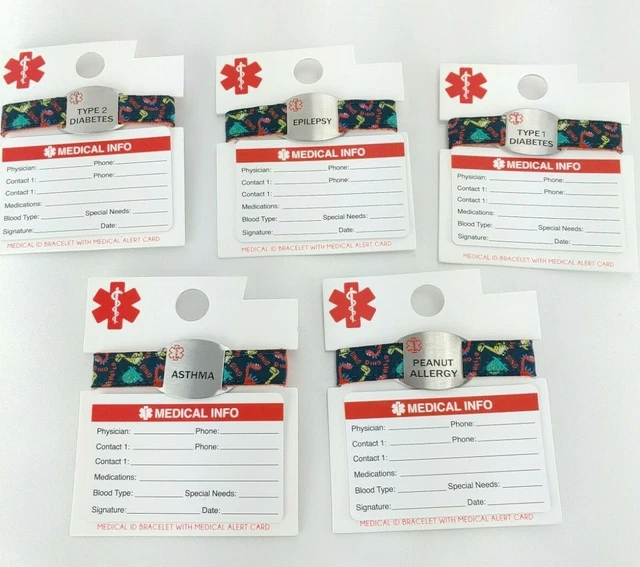 Pulsera de identificación médica tarjeta médica dinosaurios asma diabetes epilepsia maní para niños