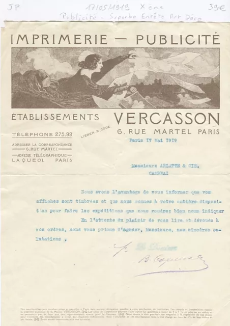 Paris X ème - Superbe Entête Art Déco Imprimerie - Publicité VERCASSON de 1919