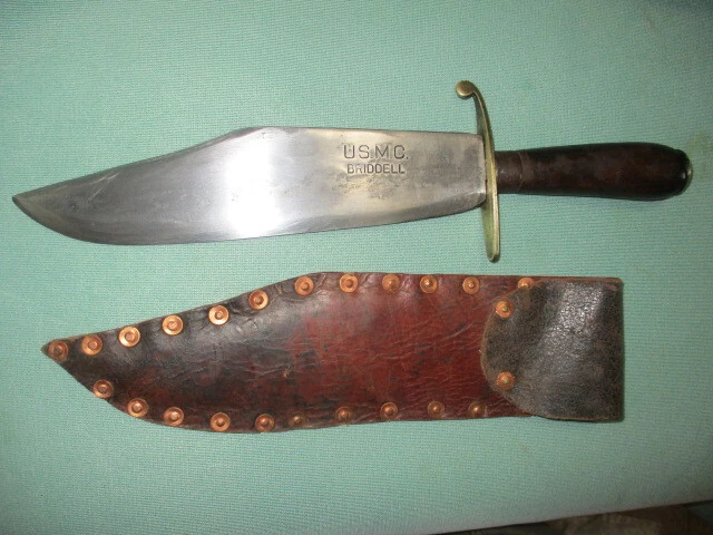 WWII WW2 USMC MARINE CORP BRIDDELL 'BOWIE' FIGHTING KNIFE w/SHEATH WWII WW2 USMC MARINE CORP BRIDDELL 'BOWIE' FIGHTING KNIFE w/SHEATH