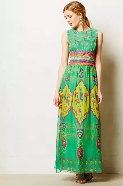 Anthropologie HEMANT & NANDITA 0 Dress Mintzita Green Silk Maxi Embroidered Boho