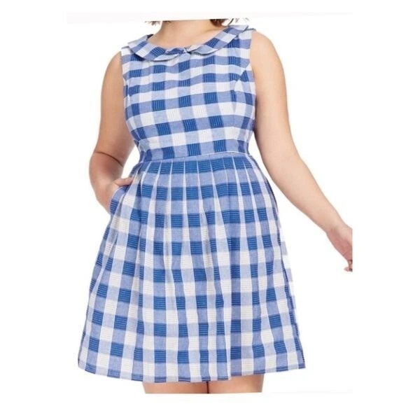 Modcloth Sleeveless Peter Pan Collar Linen Blend Blue Gingham Flare Dress Sz XL