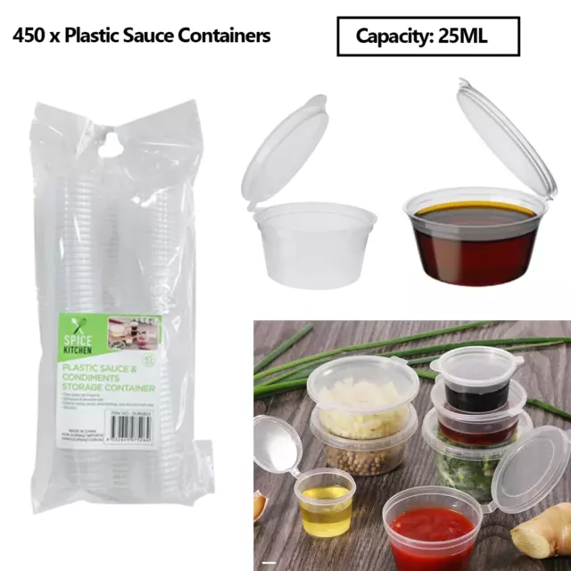 450 x Disposable Plastic Sauce Container Hinged Lid Clear Pot Cup Takeaway 25ml