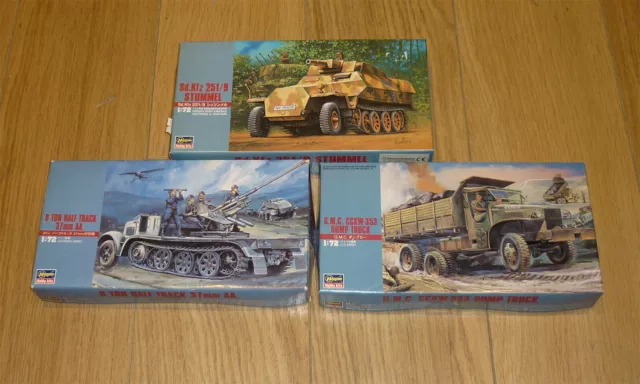 Set of 3 Hasegawa 1/72 scale WW2 vehicles - Half-Track AA, Stummel, Dump Truck