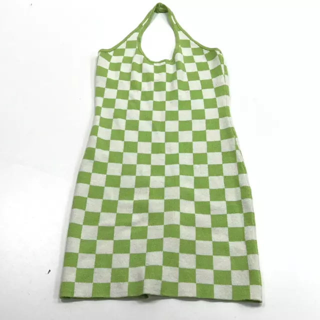 Just Polly NY Women's Green White Check Halter Neck Sweater Dress Size Medium