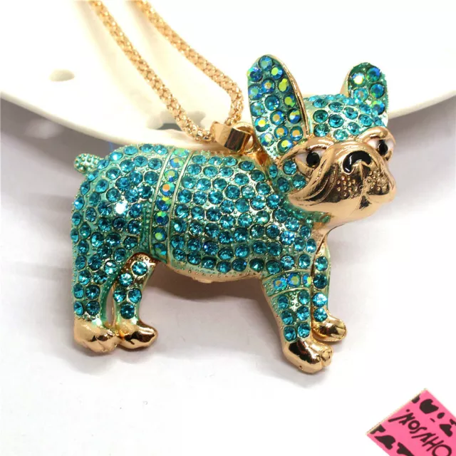 New Betsey Johnson Blue Rhinestone Bling Cute Pug Dog Crystal Pendant Necklace