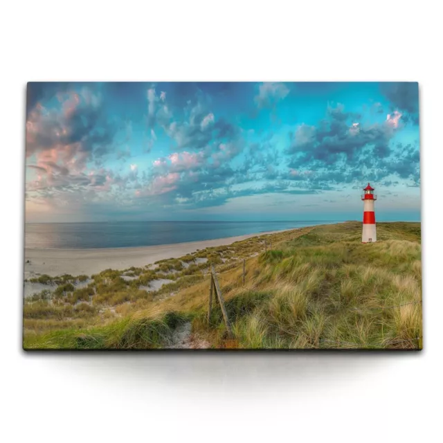 120x80cm Wandbild auf Leinwand Nordsee Leuchtturm Sandstrang Meer Horizont