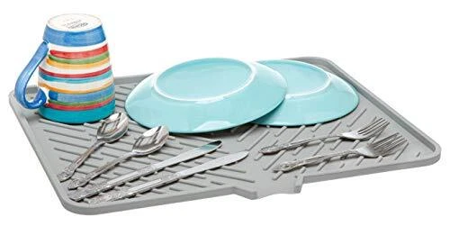 Silicone Dish Drying Mat with Built-in Drain Lip - Hygienic Drying Pad - Gray