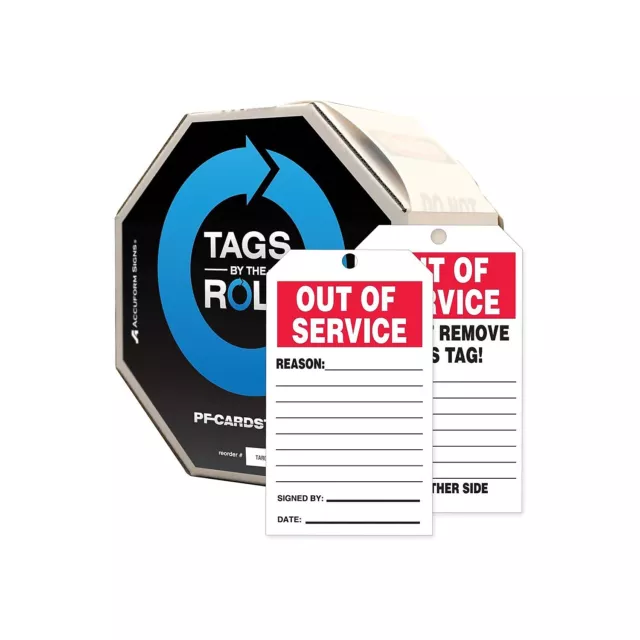 Accuform 6 1/4" x 3" PF-Cardstock Tags By-The-Roll "OUT.." Red/Black On White