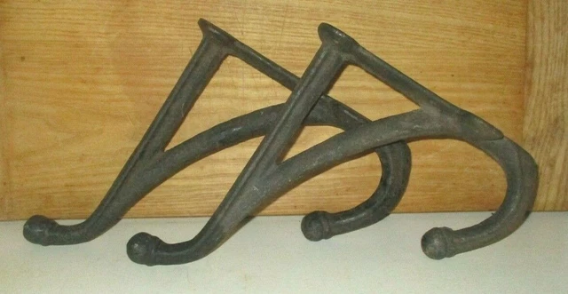 Pair Heavy Duty 8" Antique Cast Iron Coat Hat Or Harness Tack Wall Hooks 3