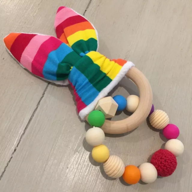 Rainbow Natural Wood & Silicone Beads,Crinkle Sound Bunny Ears