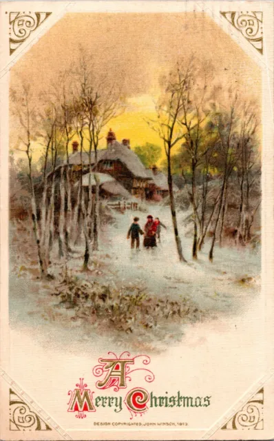 Winsch Christmas Postcard Antique Victorian English Manor Family Snow Pastoral