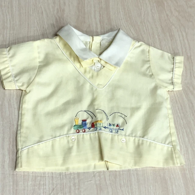 Vintage Baby Embroirdered Train Yellow Collared Bow Tie Shirt