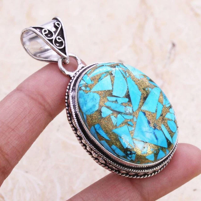 Copper Turquoise 925 Silver Plated Handmade Pendant of 2.2" Ethnic Gift