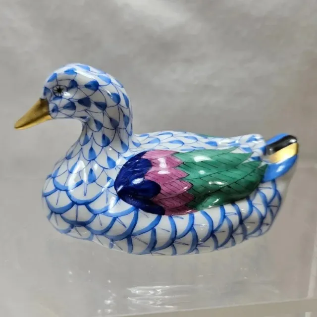 Handpainted Ceramic Herend Duck Figurine Blue Fishnet