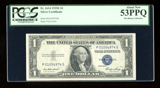 DBR 1935-E $1 Silver Fr. 1614 PG Block PCGS 53 PPQ Serial P01054974G