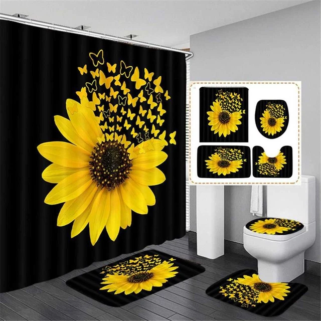 Juego de cortinas de ducha de girasol alfombra de inodoro alfombra antideslizante colchoneta de baño de cocina