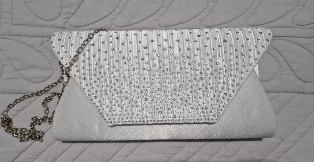 Womens Ladies Satin Pleated Diamante Clutch Bag Envelope Handbag Glitter Wedding