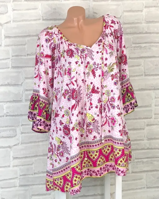 Long Bluse Tunika Shirt Kleid Boho Print V-Ausschnitt 42 44 46 Weiß Rosa F755