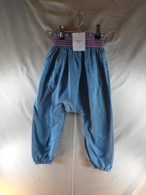 Pantaloni M&S Bambini Bambina 3/4 Anni Elasticizzati Blu Chambray 100% Cotone Nuovi con etichette