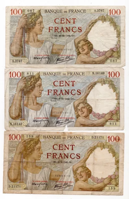 Billet France  100 Francs 1939 et 1940 et 1941