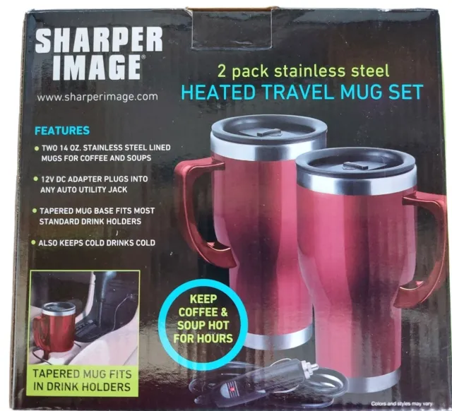 Sharper Image 2 Pack Stainless Steel Heated Travel Mug Set Red 14oz 12V NEW 2