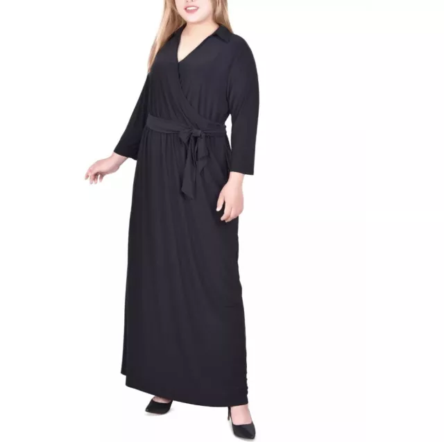 NY Collection Womens Plus 1X Black Faux Wrap Maxi Dress NWT AE78