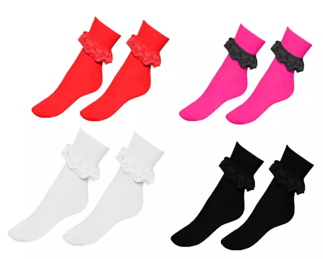 6 Pairs Ladies Girls Frilly Lace Top Cotton TRAINER Socks Ankle Anklet Sizes 4-6