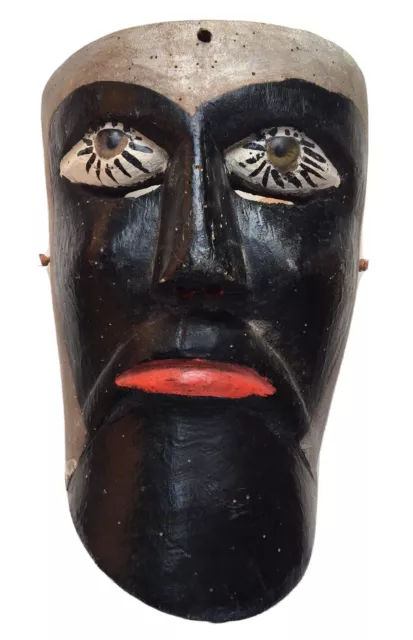 MEXICAN MICHOACAN FOLK ART Carved Wood Vtg MORO DANCE MASK Glass Eyes