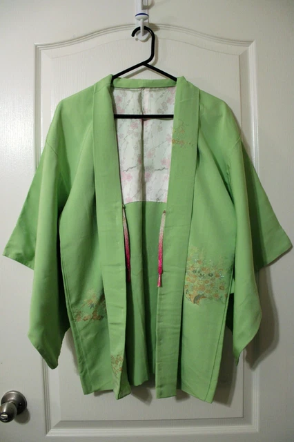 Japanese Lime Green Haori Jacket with Woven Gold and Silver Flower Cart Design