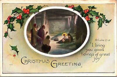 Christmas Greeting Holly St Luke 2:10 c1923 Postcard
