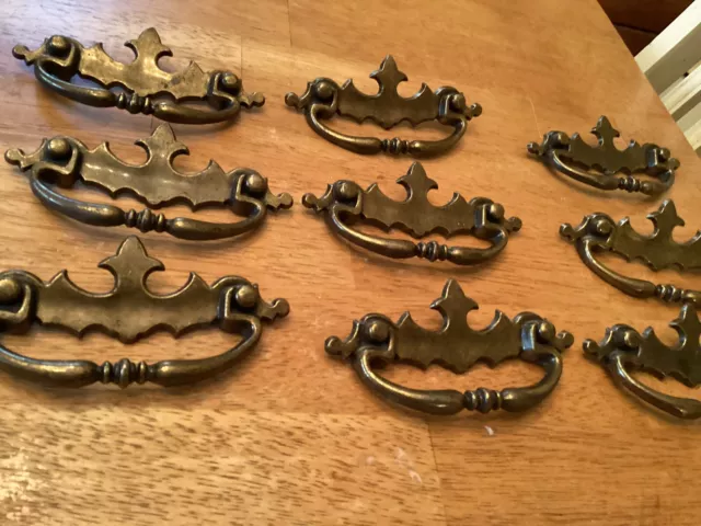 9 Vintage Solid Brass Canada Chippendale Style Bail Drawer Pulls 3" Center 2