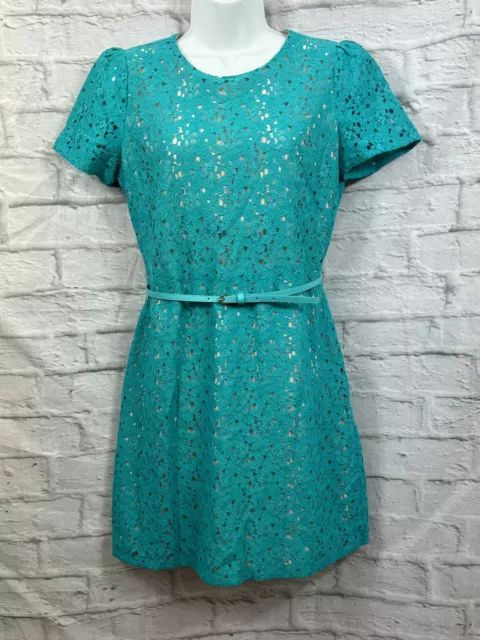 Oasis Teal Skater Dress Size 10 Blue Floral Lace Overlay Belted Short Sleeved