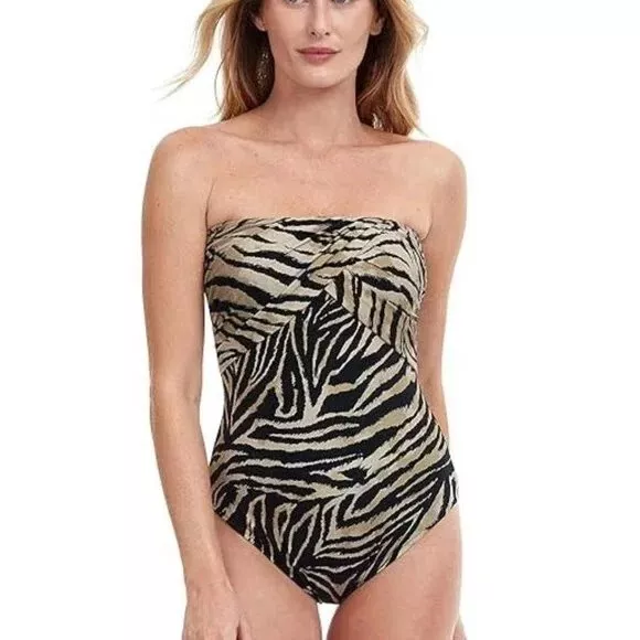 Gottex NEW Wildlife Bandeau Surplice One-Piece Swimsuit Size 10 Tan Zebra