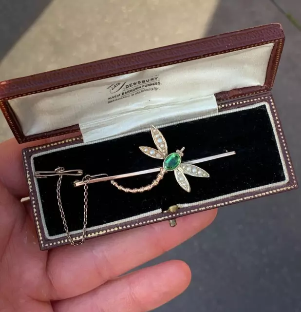 9ct gold stone set large dragonfly brooch, Victorian boxed, heaby 4 grams