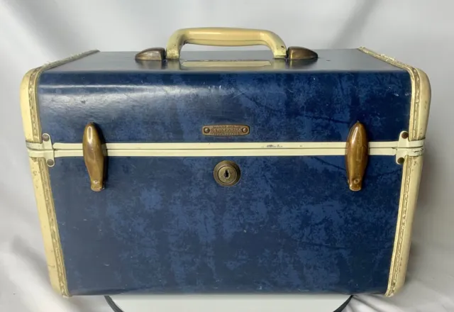 VTG SAMSONITE 4712 MakeUp Travel Case Blue White Train Luggage NO MIRROR NO KEY