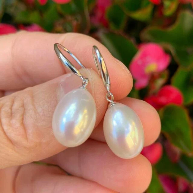 Natural 13mm white drop fresh water Baroque Pearl 925 silver Earrings Hook