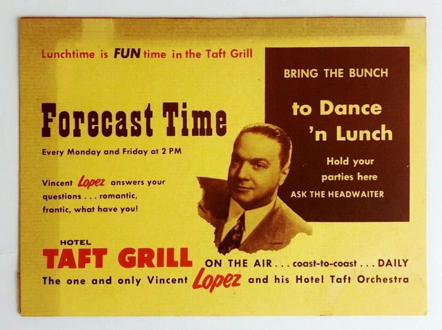 1950s Vincent Lopez Hotel Taft Grill Orchestra Table Tent Card Vtg NY Big Band
