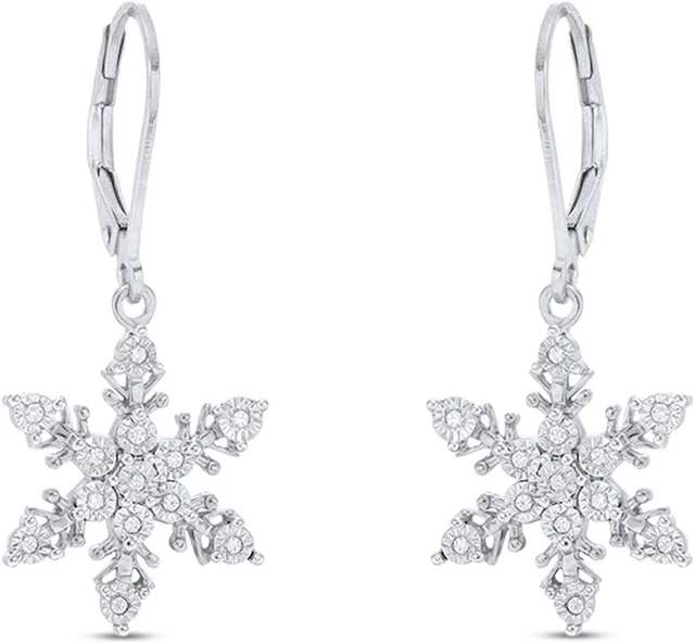 1/10 Ct Round Simulated Diamond Snowflake Drop Earrings 14k White Gold Plated