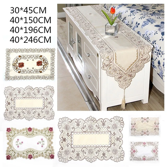 Coureur de table en gaze translucide style vintage avec motif floral en tissu de