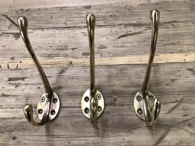 Original Set Antique Edwardian Brass Coat Hooks Old X 3 Metal Reclaimed Vintage