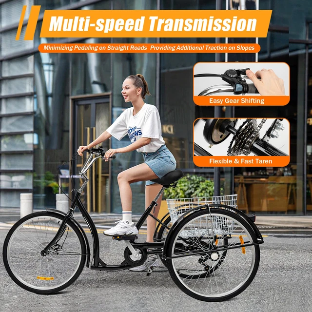 DSYOGX 26 Zoll Dreirad Für Erwachsene - 6-Gang Tricycle Mit Korb Für Senioren & Frauen