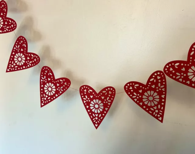 Valentines day garland, red love heart bunting, paper Valentine decoration,