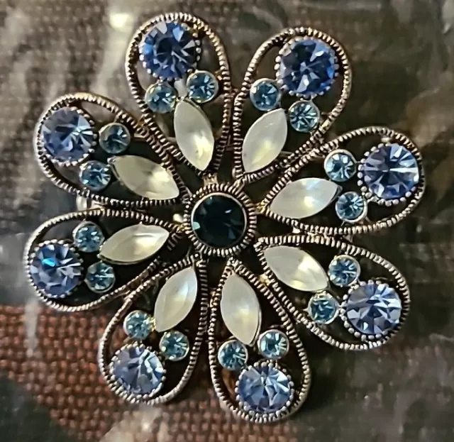 Silver Tone Blue Rhinestone Flower Brooch Pin