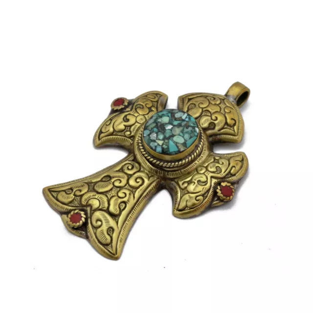 Turquoise Inlay Cross Repousse Brass Pendant Tibetan Nepalese Handmade PD1302