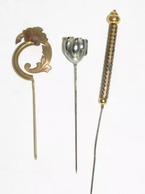 07F19 LOT DE 3 ANCIENNES ÉPINGLES A CHAPEAUX FIN XIXe BRONZE ET VERRE MODE