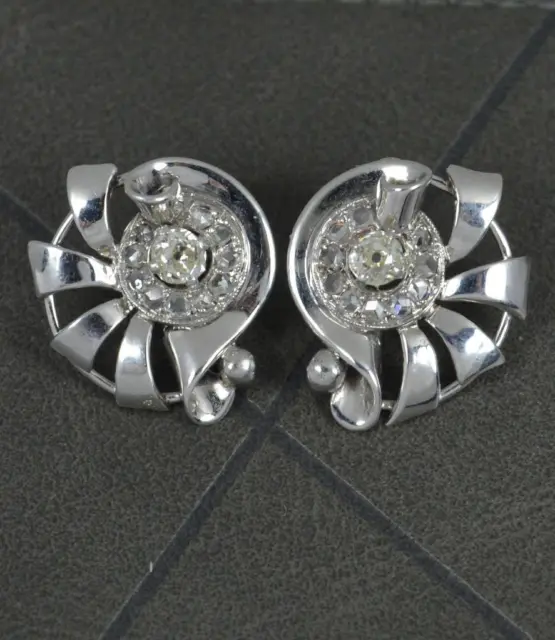 French Art Deco 18ct White Gold Platinum Old Rose Cut Diamond Cluster Earrings