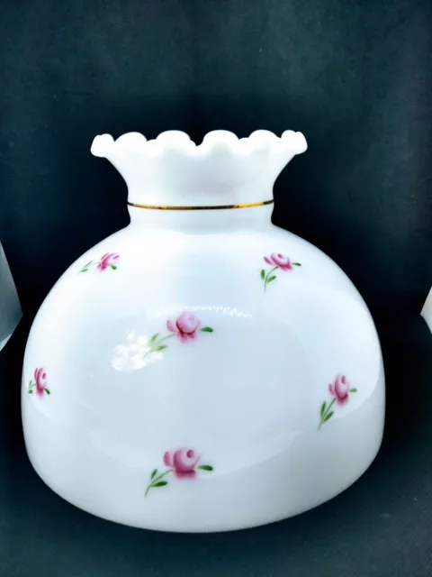 Milk Glass Lamp Shade Pink Roses Hand Painted 10" fitter